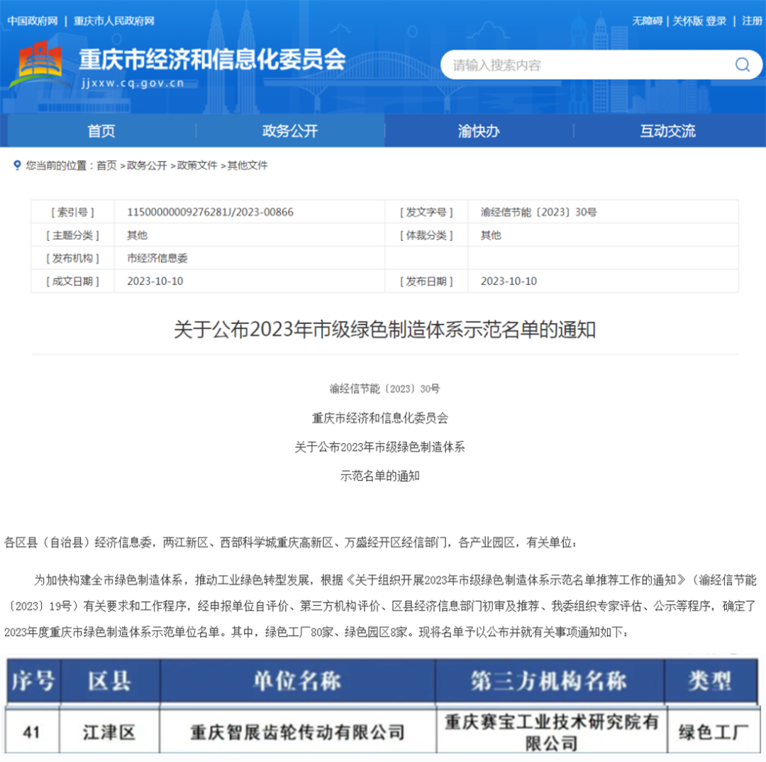 2023年市級綠色制造體系示范名單公布！重慶智展齒輪傳動有限公司獲評“重慶綠色工廠”